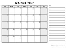 Free Printable March 2027 Calendar PDF