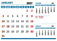 January 2027 Excel Calendar with Holidays