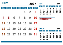July 2027 Excel Calendar with Holidays