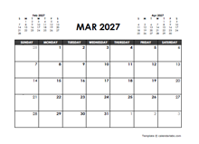 March 2027 Calendar Free Printable