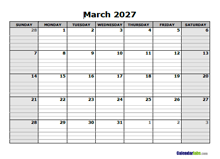 March 2027 Calendar Word