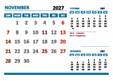 November 2027 Excel Calendar with Holidays