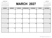 Printable March 2027 Calendar PDF
