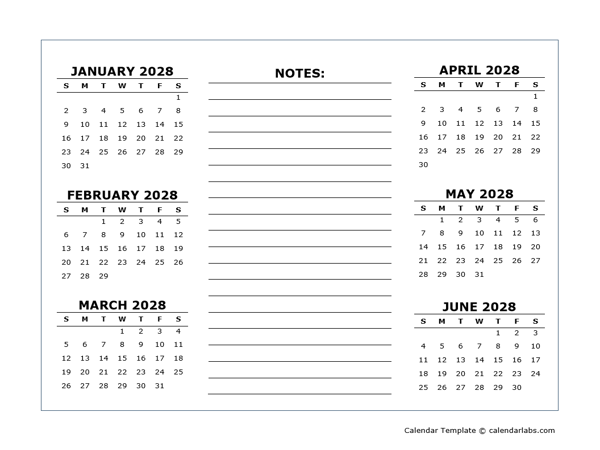 2 Page Yearly Calendar Template 2028