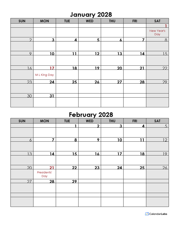 2028 2 Months Calendar Template