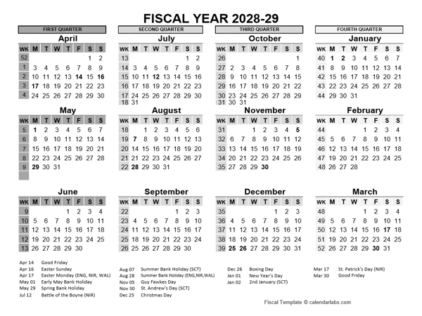 2028-29 Fiscal Year Calendar UK Template