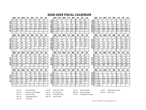 Fiscal Calendar 2028-2029 Templates