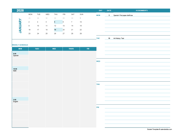 2028 Assignment Calendar For Students