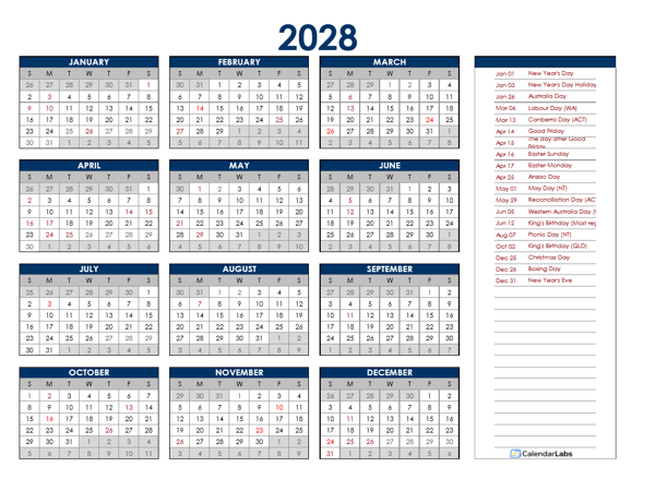 2028 Australia Annual Calendar with Holidays