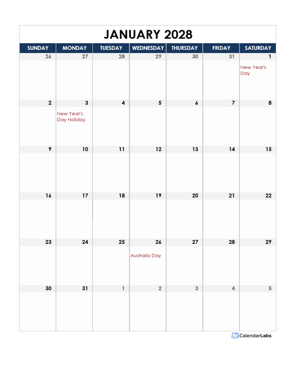 2028 Australia Calendar Spreadsheet Template
