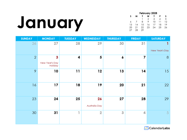 2028 Australia Monthly Calendar Colorful Design