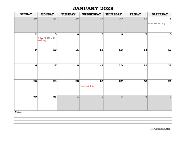 2028 Australia Monthly Calendar with Notes