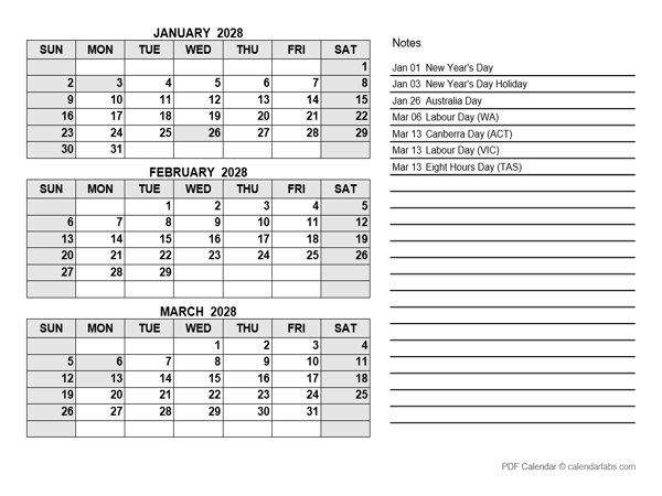 2028 Australia Quarterly Calendar with Holidays