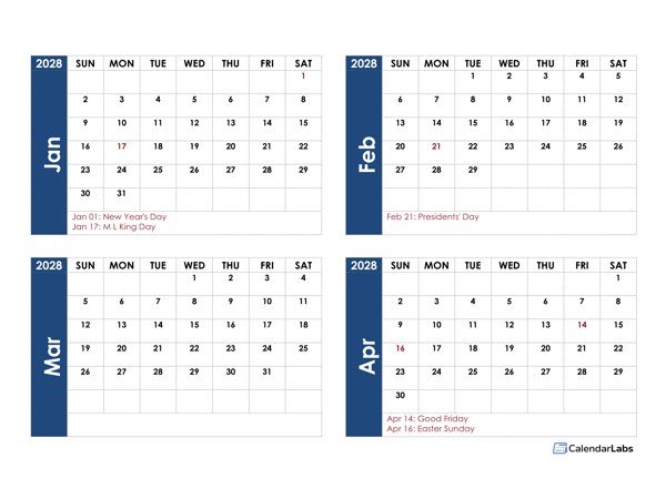 2028 Blank Four Month Calendar