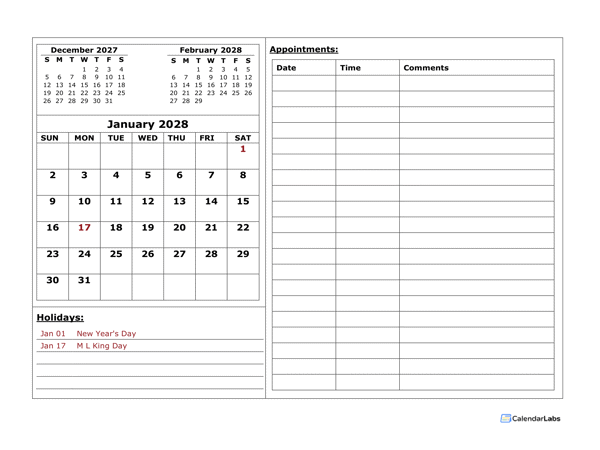 2028 Blank Appointment Calendar