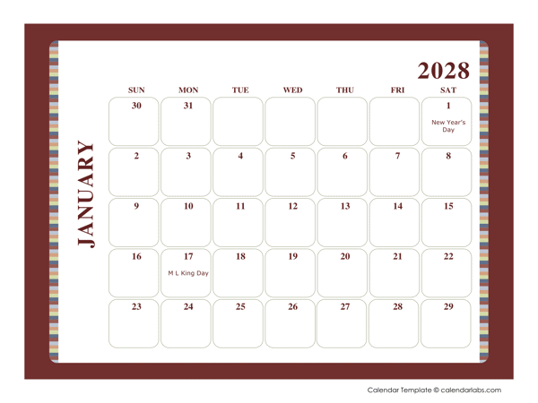 2028 Calendar Template Large Boxes