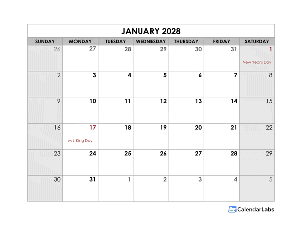 2028 Blank Monthly Calendar