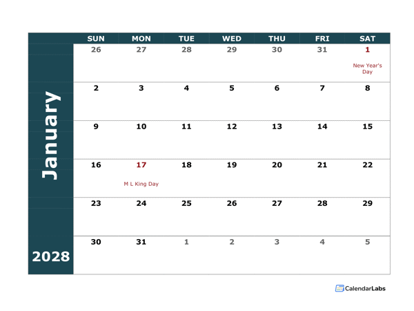 2028 Monthly Blank Calendar