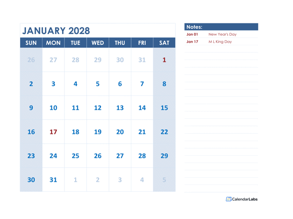 2028 Blank Printable Calendar