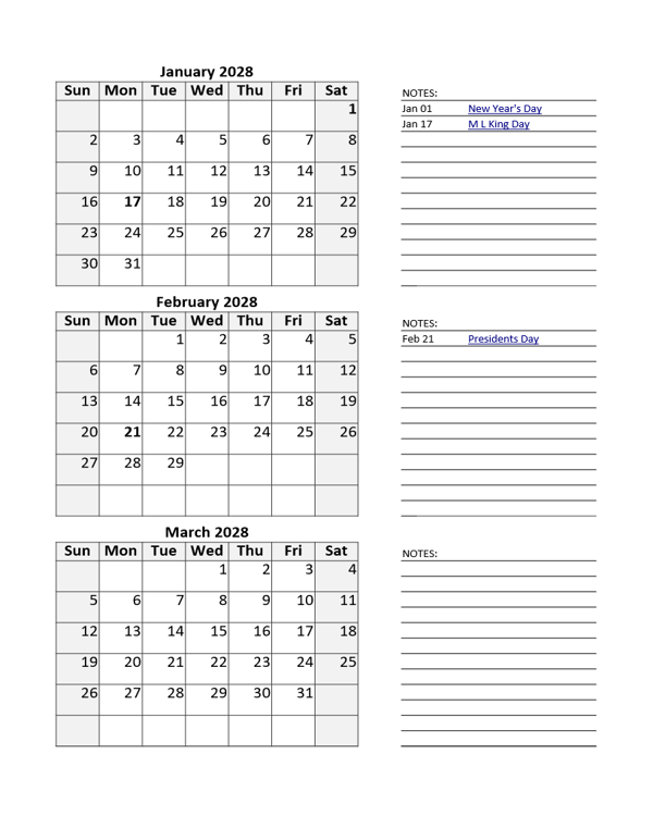 2028 Blank Printable Calendar