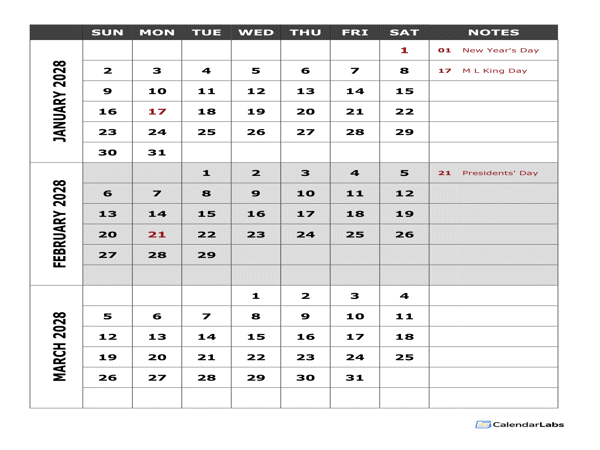 2028 Blank Quarterly Calendar