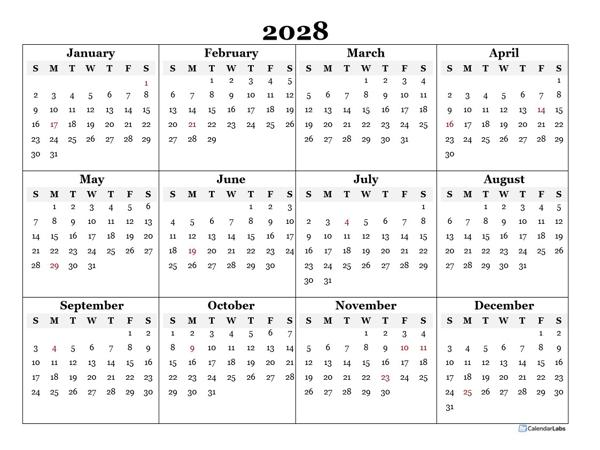 2028 Blank Yearly Calendar Template