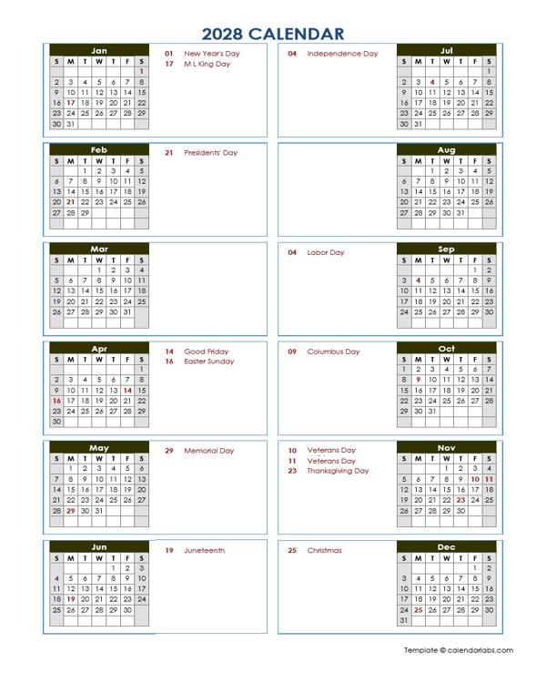 2028 Blank Yearly Calendar Template Vertical Design