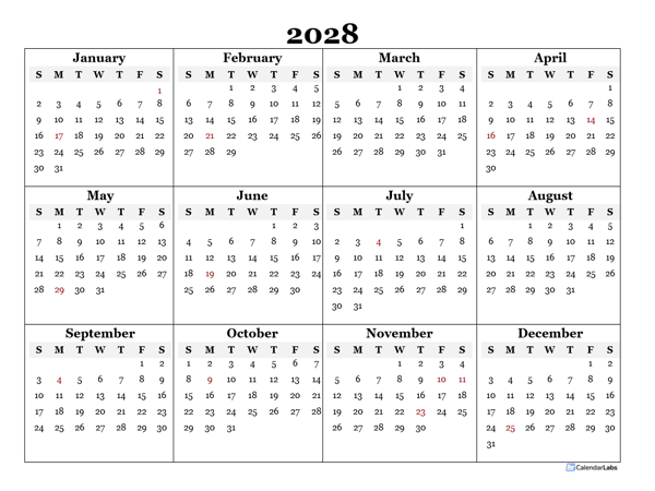 2028 Blank Yearly Word Calendar Template