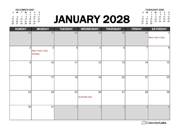 2028 Calendar Planner Australia Excel