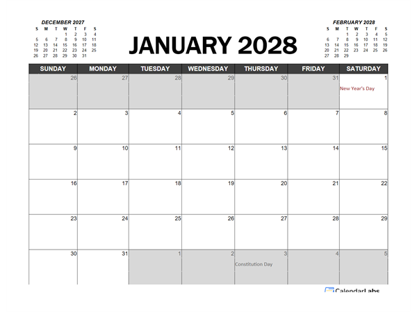 2028 Calendar Planner Mexico Excel