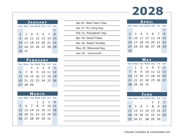 2028 Calendar Template 6 Months Per Page