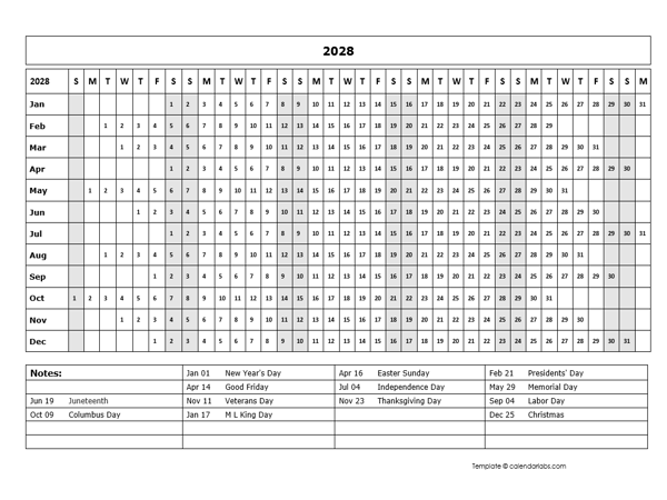 2028 Calendar Template Year At A Glance