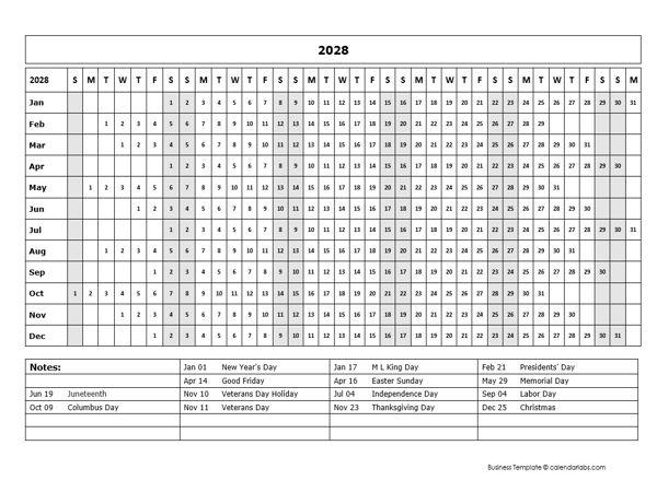 2028 Calendar Template Year At A Glance