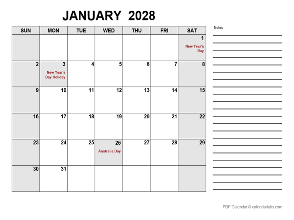 2028 Calendar with Australia Holidays PDF