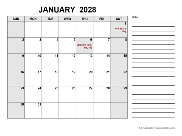 2028 Calendar with Germany Holidays PDF