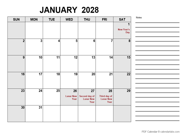 2028 Calendar with Hong Kong Holidays PDF