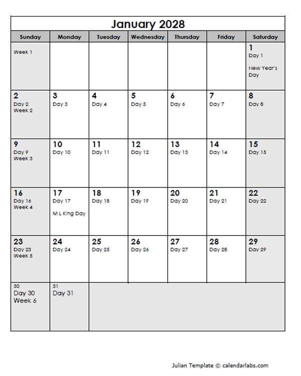 2028 Calendar With Julian Dates