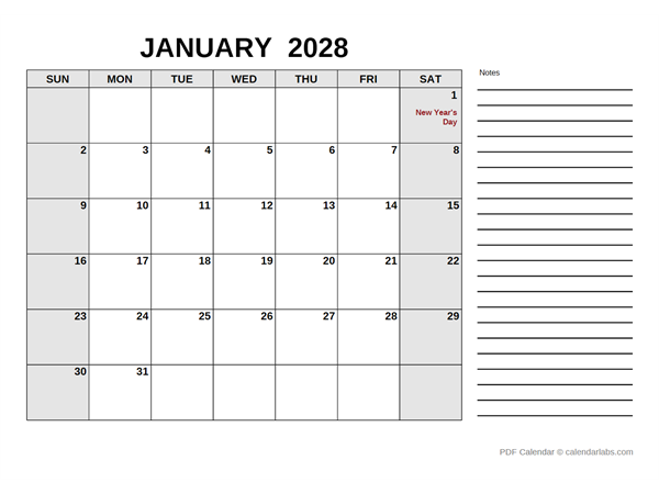 2028 Calendar with Mexico Holidays PDF
