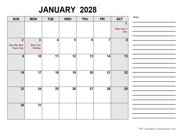 2028 Calendar with New Zealand Holidays PDF