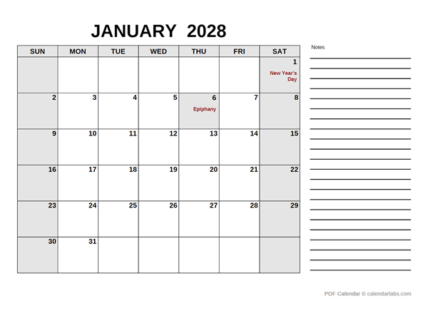 2028 Calendar with Spain Holidays PDF