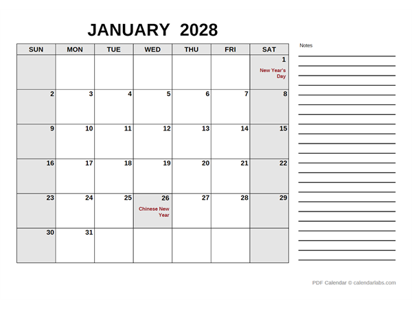 2028 Calendar with Thailand Holidays PDF