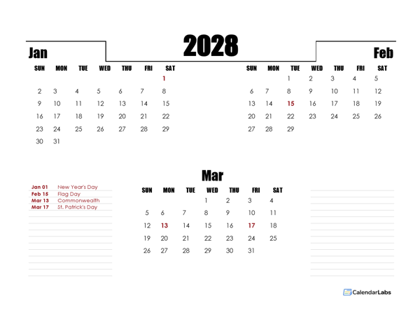 2028 Canada Quarterly Planner Template