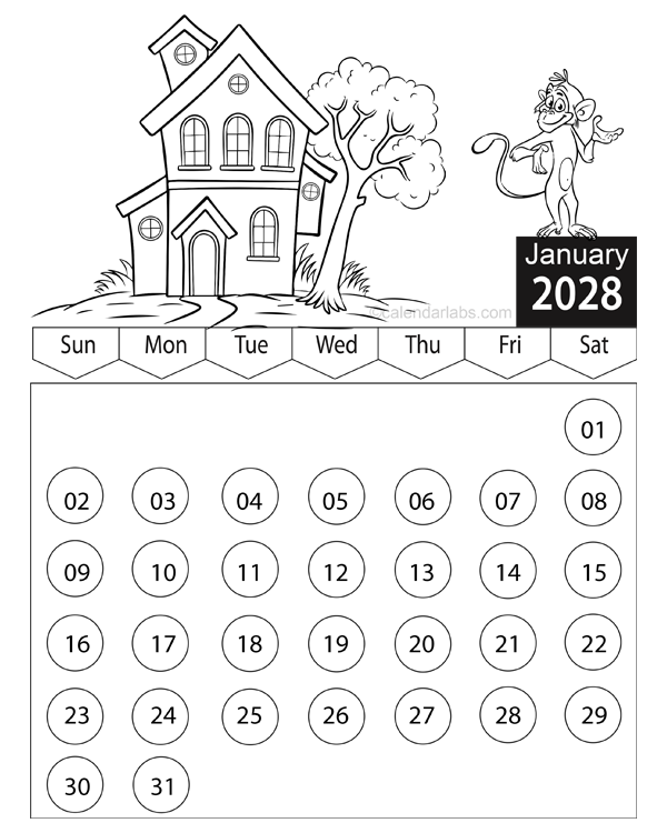 2028 Cartoon Character Coloring Calendar