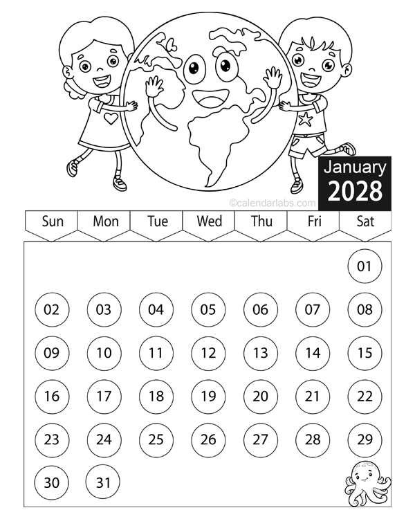2028 Children Coloring Book Calendar