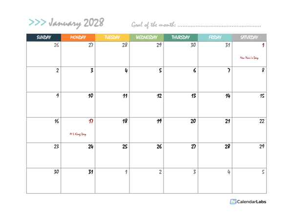 2028 Monthly Word Calendar In Colorful Design