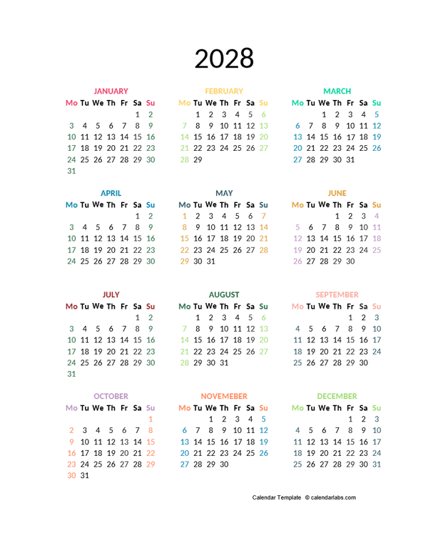 2028 Colorful Yearly Excel Calendar
