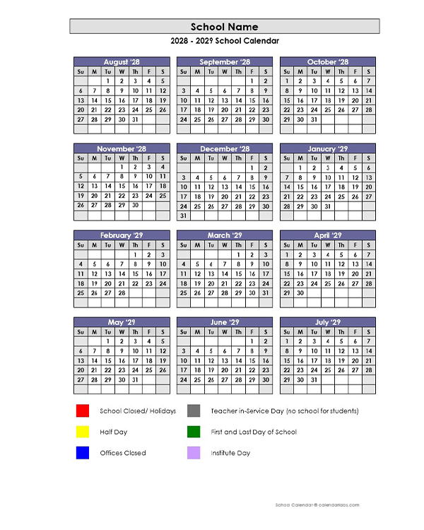 2028 Customizable Yearly Calendar Aug-Jul