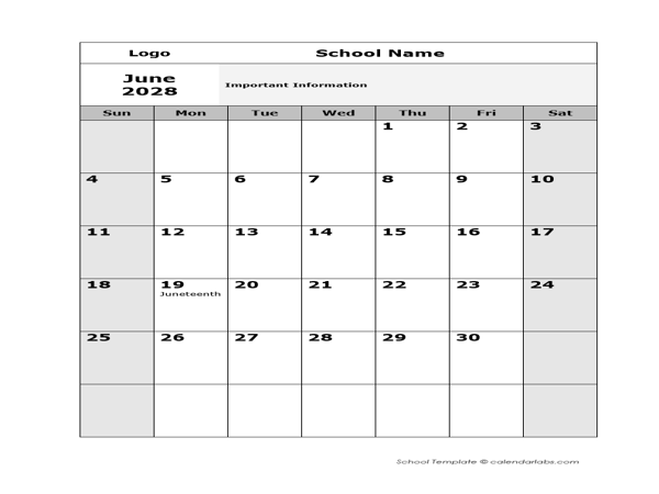 2028 Editable Monthly School Jun-Sep Calendar