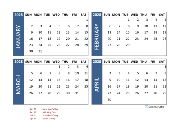 2028 Excel 4 Month Calendar Template