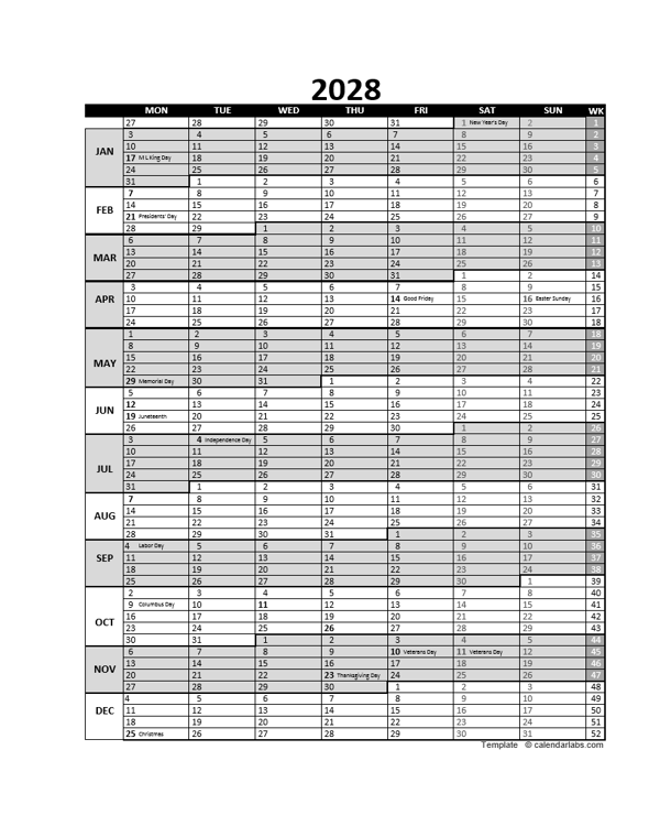 Free 2028 Excel Calendar For Project Planning